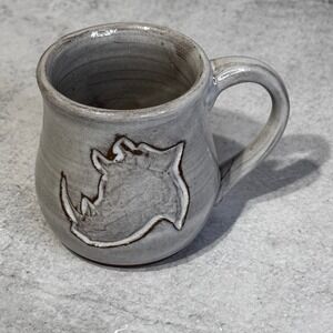 Signed Studio Pottery Rhinoceros Mug Grey Stoneware Ceramic 2020 Erin Englert